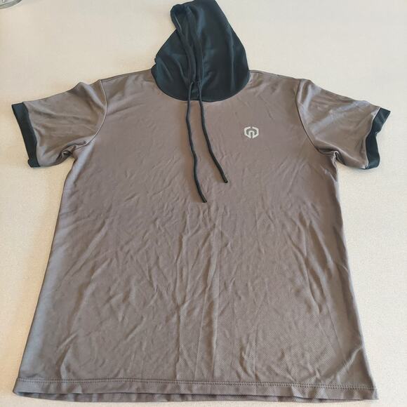 Neleus Hooded Shirt Mens Large Gray Short Sleeve Gym Workout Training Running - Picture 1 of 7